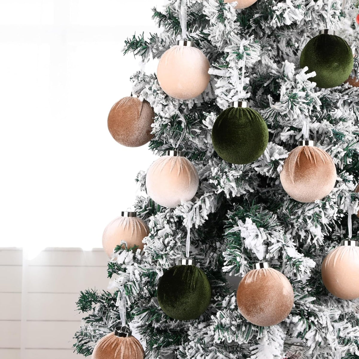 Skiennix Christmas Tree Ornaments - Velvet Shatterproof Balls Set of 15 - Multicolor Green, Brown, Neutral, 80mm