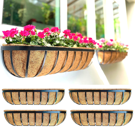 LaLaGreen Deck Railing Planter Boxes - 30 Inch, 4 Pack Wall Planters for Outdoor Plants, Window Flower Boxes Deck Railings with Coco Liners Metal Horse Troughs Fence Balcony Patio Porch Over Rail
