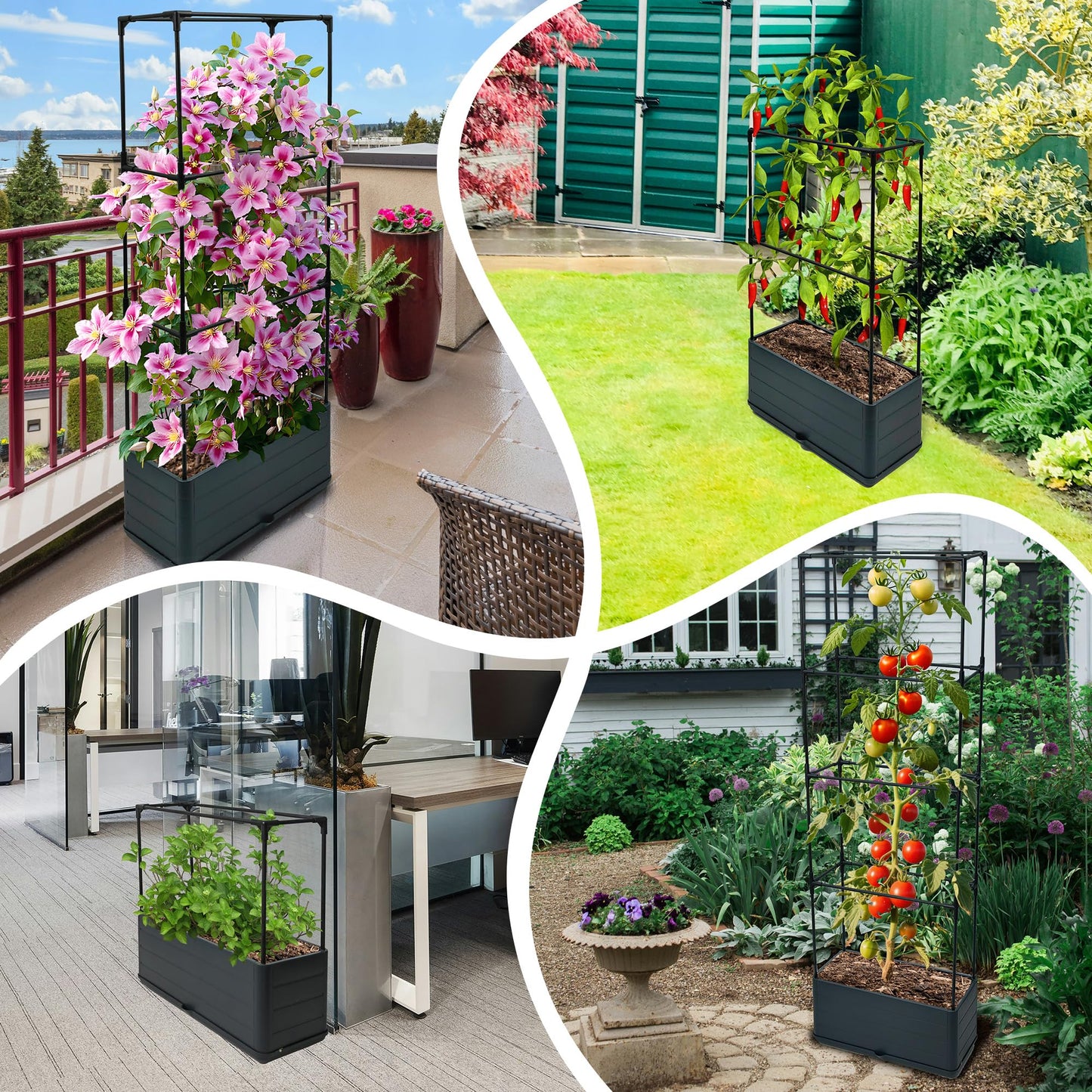 Sumloty 2Pack Raised Garden Bed Planter Boxe with Trellis, 55.2" Self Watering Tomato Planter Box with Trellis for Climbing Vegetable Flowers and Plants, Tomato Cage for Indoor Outdoor Use