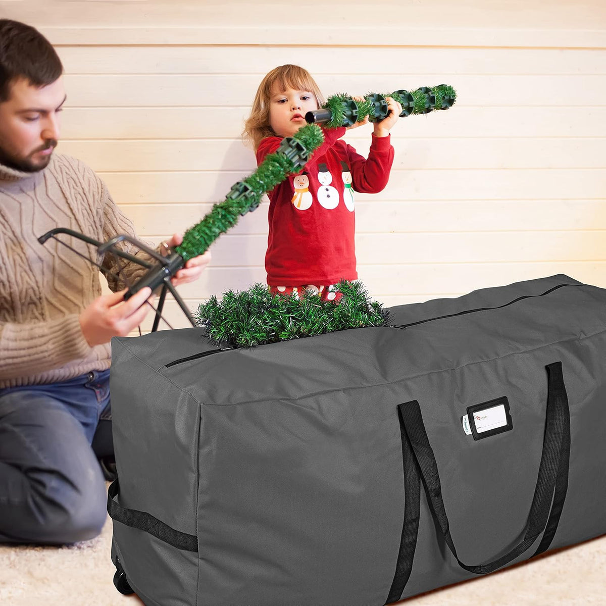 Primode Rolling Tree Storage Bag - Heavy Duty Container with Wheels | Fits Up to 7.5 Ft Holiday Tree, Gray