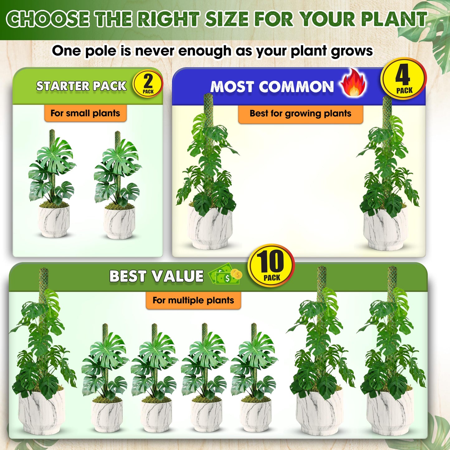 DUSPRO Bulk Pack 10Pcs 22'' Green Stackable Mesh Moss Pole for Plants, Extendable Plant Pole, Natural Forest Moss Pole Monstera Plant Support, Moss Stick for Climbing Plants, Indoor Plant Stakes