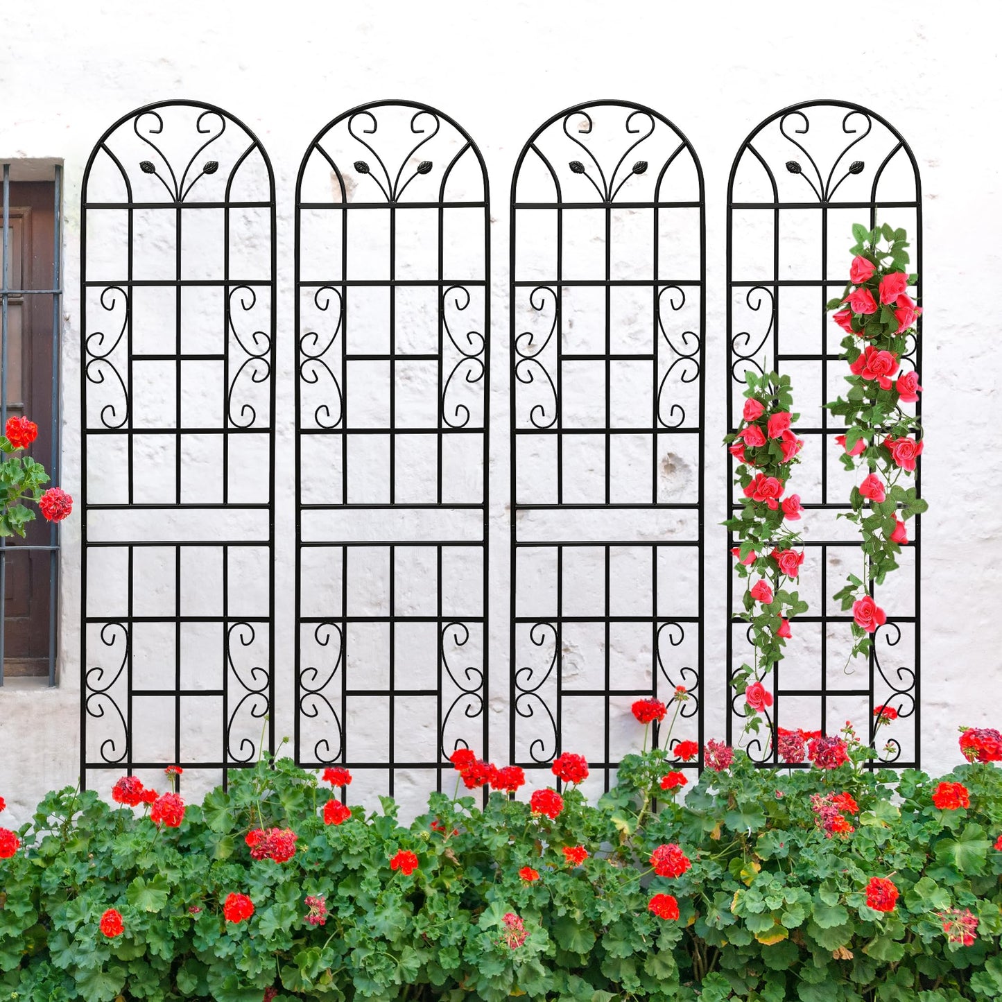 4 Pack Metal Garden Trellis 86.7" Tall Outdoor Climbing Plant Support for Roses, Flowers, Rustproof Durable Black Galvanized Tube, Lawn Garden Fence Decor Screen (4, Black curves-86.7" H)
