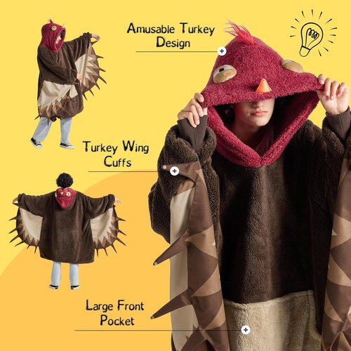 Bedsure Hoodie Blanket - Wearable Shaggy Sherpa Blanket with Sleeves & Pockets | Cozy Turkey Costume, One Size