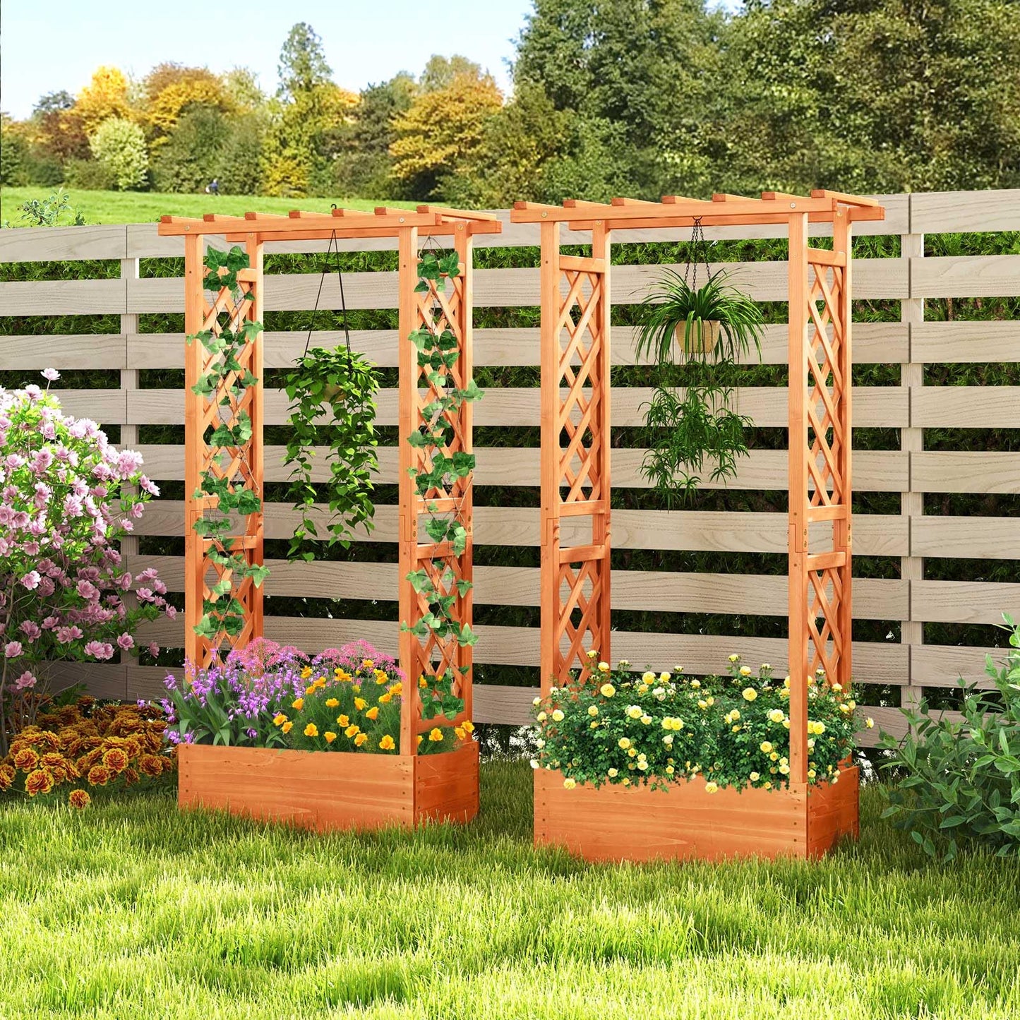 LDAILY Raised Garden Bed with Trellis, Above Ground Garden Bed with Hanging Roof, Side Trellis, & Drainage Holes, Planter Box for Outdoor Climbing Plants Vines Flowers (2, 31" L x 14" W x 60" H)