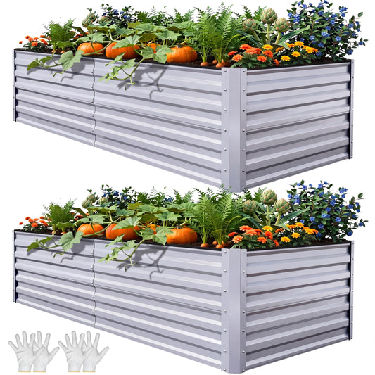 YITAHOME 8x4x2ft 2pcs Large Raised Garden Bed Kit, Galvanized Metal Planter Box with Gloves, Ground Nails & Safety Rubber, Outdoor Above Ground Planters for Plants Vegetables Flowers, Silver