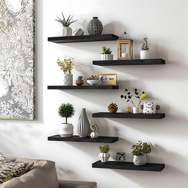 YFYEO Black Wood Floating Shelves for Wall Rustic Wall Shelf for Bedroom Living Room Set of 4