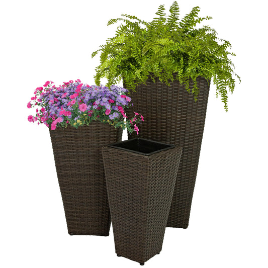 Sunnydaze Square Tall Wicker Outdoor Planter Set of 3 - Polyrattan Large Outdoor Planters for Porch, Patio or Garden - 9", 11.5", 14.75" Tall Plant Pots - Brown