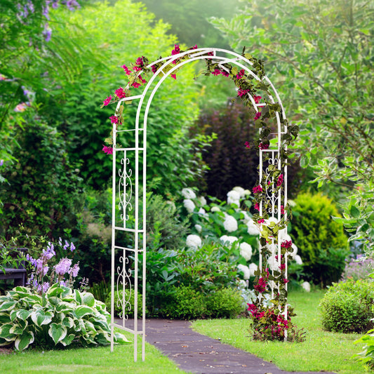 Plow & Hearth Arch Metal Outdoor Garden Arbor Montebello White, 7 Feet Tall, Iron Trellis Lattice for Climbing Plants, Wedding Arch, Outdoor Patio Décor