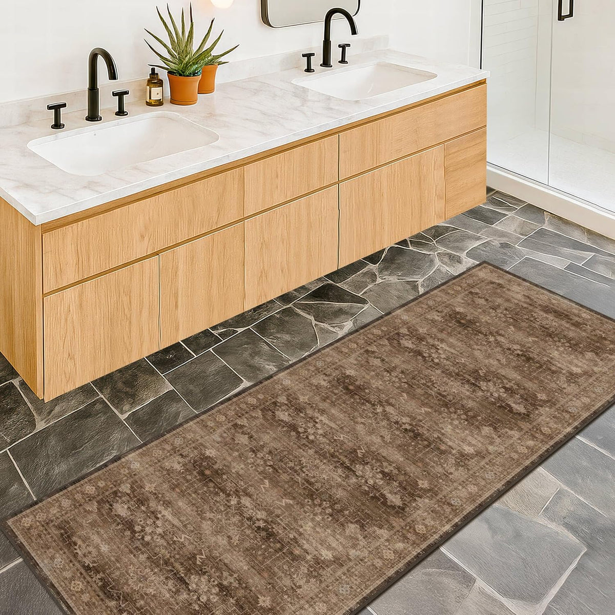 Regine Switzerland Brown 2x5 Entryway Runner Rug - Non-Slip, Washable, Vintage Taupe Design
