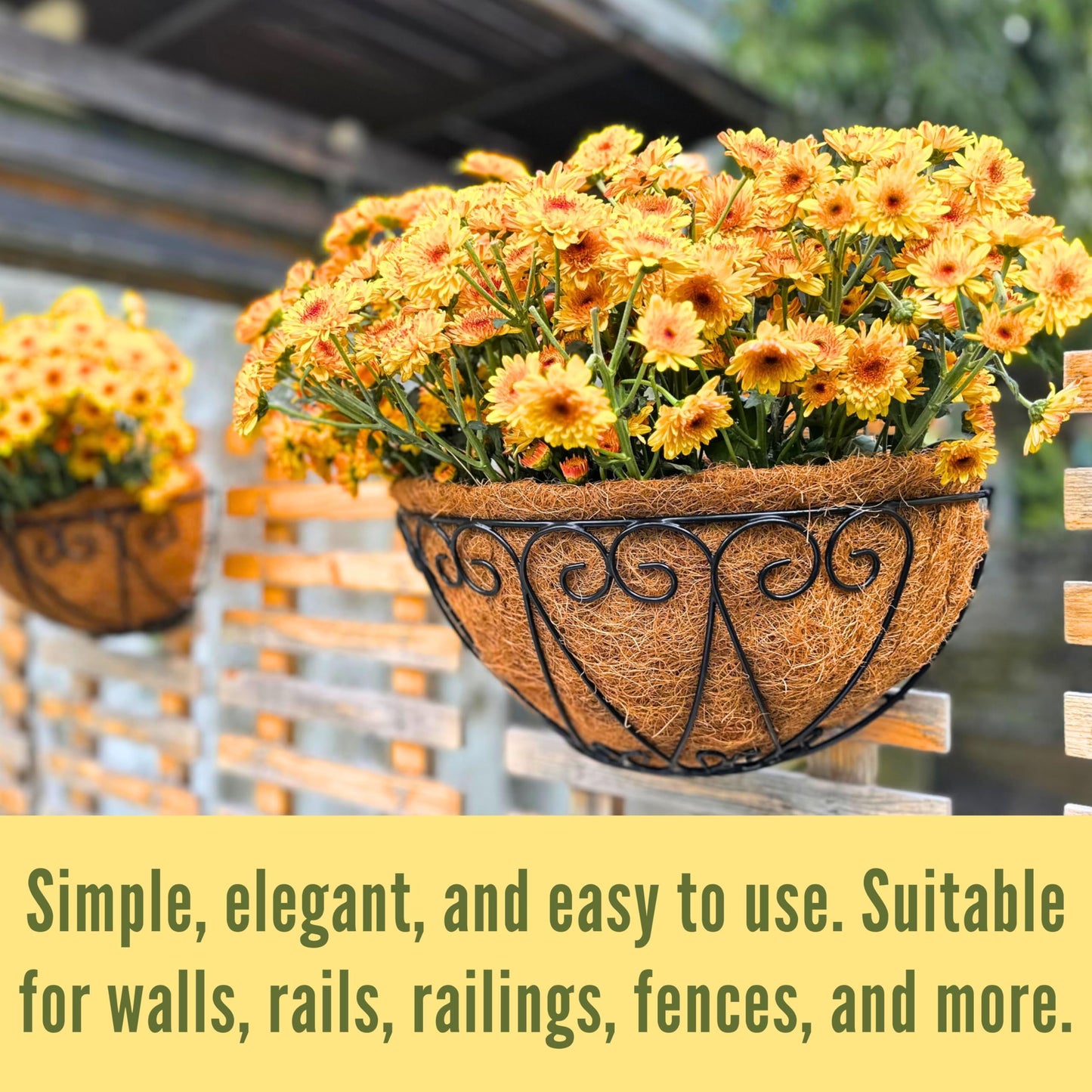 LaLaGreen Outdoor Wall Planters (2 Pack, 12 Inch) Black Metal Wall Mounted Hanging Basket with Coco Liner, Flower Pot Plant Holder Semi-Circle Planter for Fence Railing Deck Porch Balcony Garden Decor