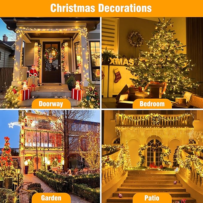Extra Long Christmas Tree Lights 197FT 600 LED Connectable 8 Modes with Timer Decorative String Lights for Xmas Tree Patio Party Warm White