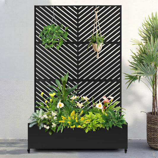 FENCY Metal Raised Garden Bed with Wheels and Trellis,73"x47"x16" Planter Box for Climbing Plants, Vegetables & Vines, Features Privacy Screen and Drainage Holes (Black-Arrow)