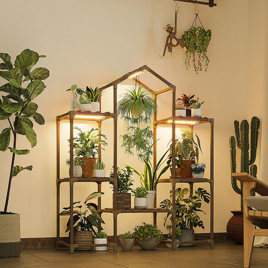 Bamworld Plant Stand Indoor with Grow Lights Wood Plant Shelf for Hanging Planter Pots Display Flower Stand for Living Room Patio Garden Decor