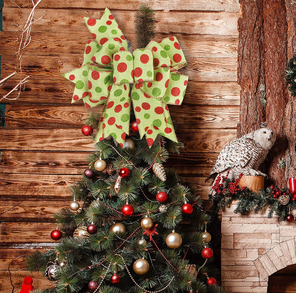 SIMISI Ribbon Christmas Bow - Rustic Burlap with Green & Red Dots for Wreaths & Holiday Decor | 9.5 x 13 Inch