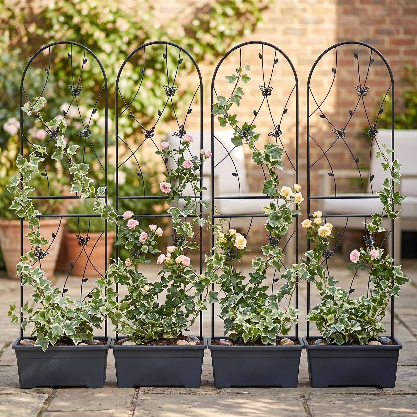 Wooakway 4 Pack Metal Garden Trellis, 71" x 19.7" Rustproof Decorative Plant Support with Butterfly Design for Outdoor Climbing Plants, Heavy Duty Flower Trellis for Roses, Yard Privacy Screen, Black