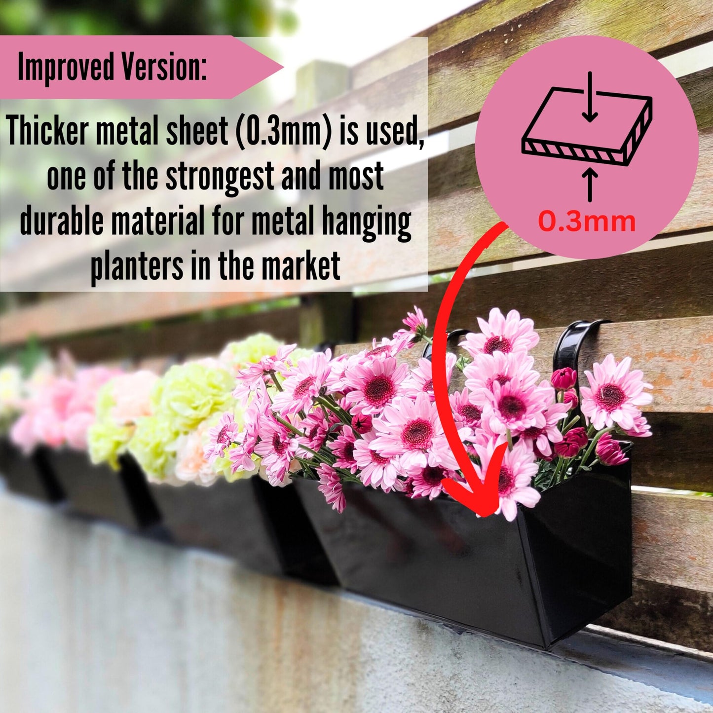 LaLaGreen Rail Planter (16 Inch, 4 Pack) Rectangular Metal Hanging Flower Railing Fence Balcony Gardening for Apartment Patio Planters Outdoor Deck Decoration Garden Style Iron Porch Decor Pots