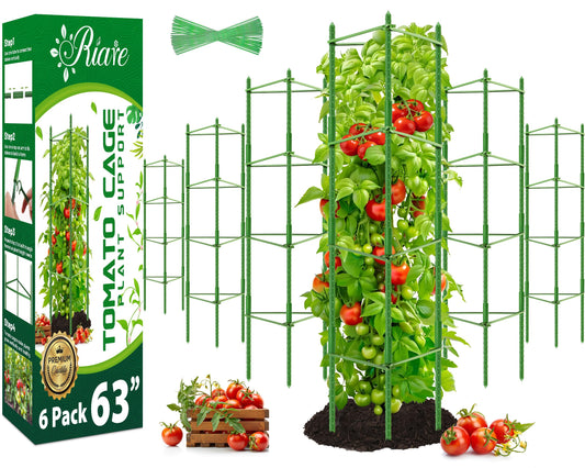 Riare 6 Pack 5.2 FT Tomato Cages for Garden- 63inches Heavy Duty Garden Stakes, Adjustable Tall Tomato Plant Support Tomato Trellis Cage for Pots, Raised Garden Bed, Climbing Vegetables Plants Flowers
