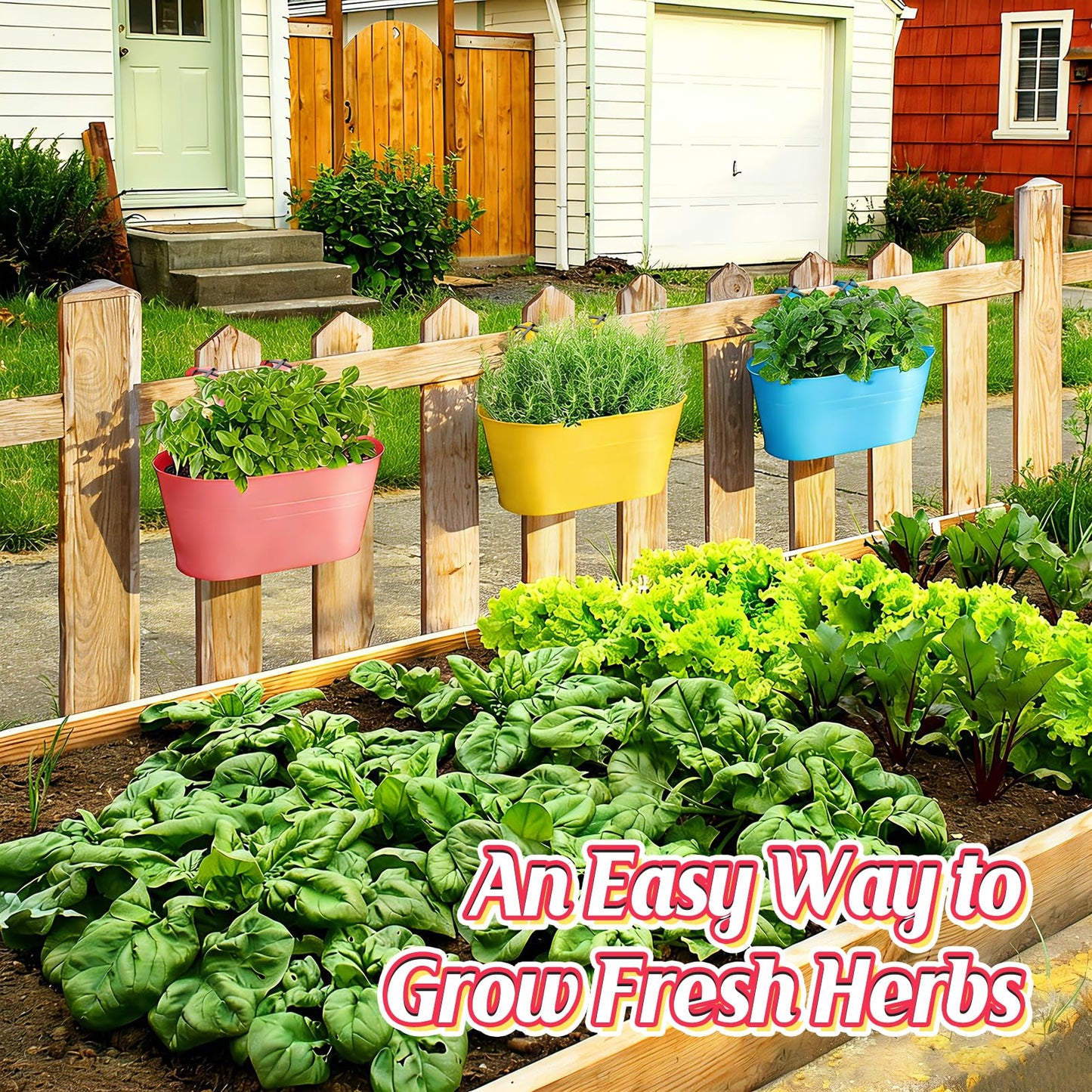 MADHOLLY Railing Planter with Drainage Holes - Sturdy Bucket Pots for Railing Fence, Countryside Style Metal Flower Pots for Herbs Balcony Garden Yard Decor, 4Pcs, Colorful