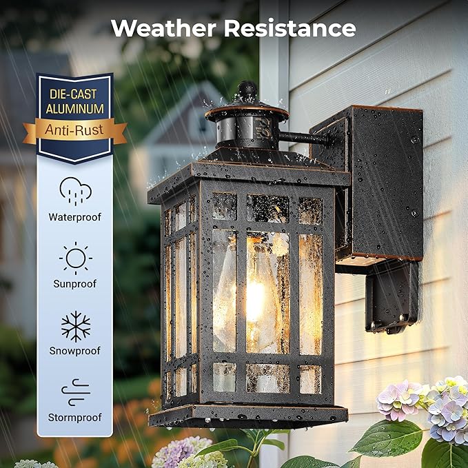 Outdoor Wall Lighting with GFCI Outlet, Modern Black Exterior Light Fixtures with Gold Trim, Aluminum Anti-Rust Outside Lights for House, Porch, Garage, Adjustable Sensitivity & Brightness