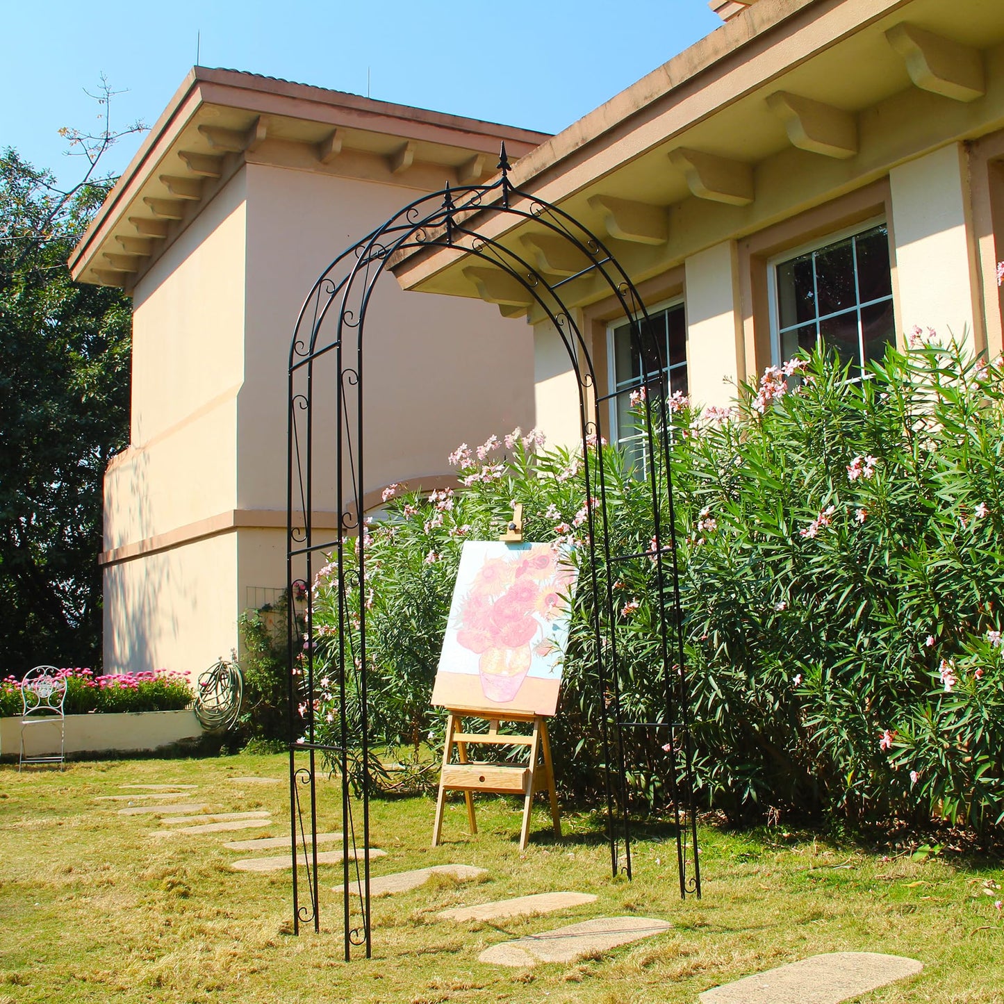 SCENDOR Garden Arbor Arch 98.4" H x 46.5" W, Heavy Duty Iron Archway Decorative Structure Stand Trellis for Climbing Rose Vines Plant Wedding Ceremony Party Outdoor Decor Black