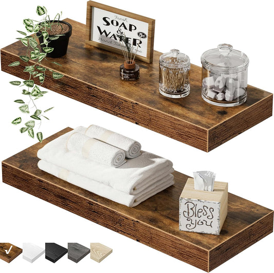 QEEIG Floating Bathroom Shelves - Rustic Brown Wall Mounted Shelf Set of 2 | 15.7" x 6.7" for Home Decor