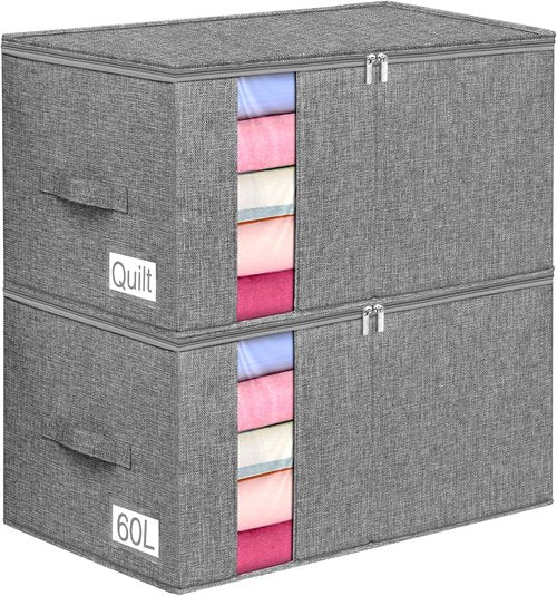 60L Storage Bag by [Brand Name] - Rigid Support for Blankets & Comforters | Stackable Closet Organizer, Gray, 2 Pack