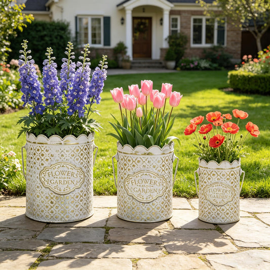 Set of 3 Vintage Distressed Metal Planter Rustic "Flowers and Garden" Embossed Flower Pots with Scalloped Edge & Handle Farmhouse Decorative Floral Buckets for Dried Flowers, Home Garden Decor