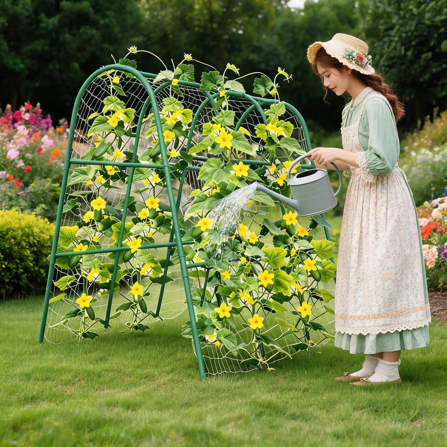 4x4FT Garden Arch Trellis for Raised Beds, Heavy Duty Metal u-Shaped Plant Support for Climbing Vegetables, Fruits & Vines, Outdoor Rust-Resistant Vertical Growing Trellis, Green