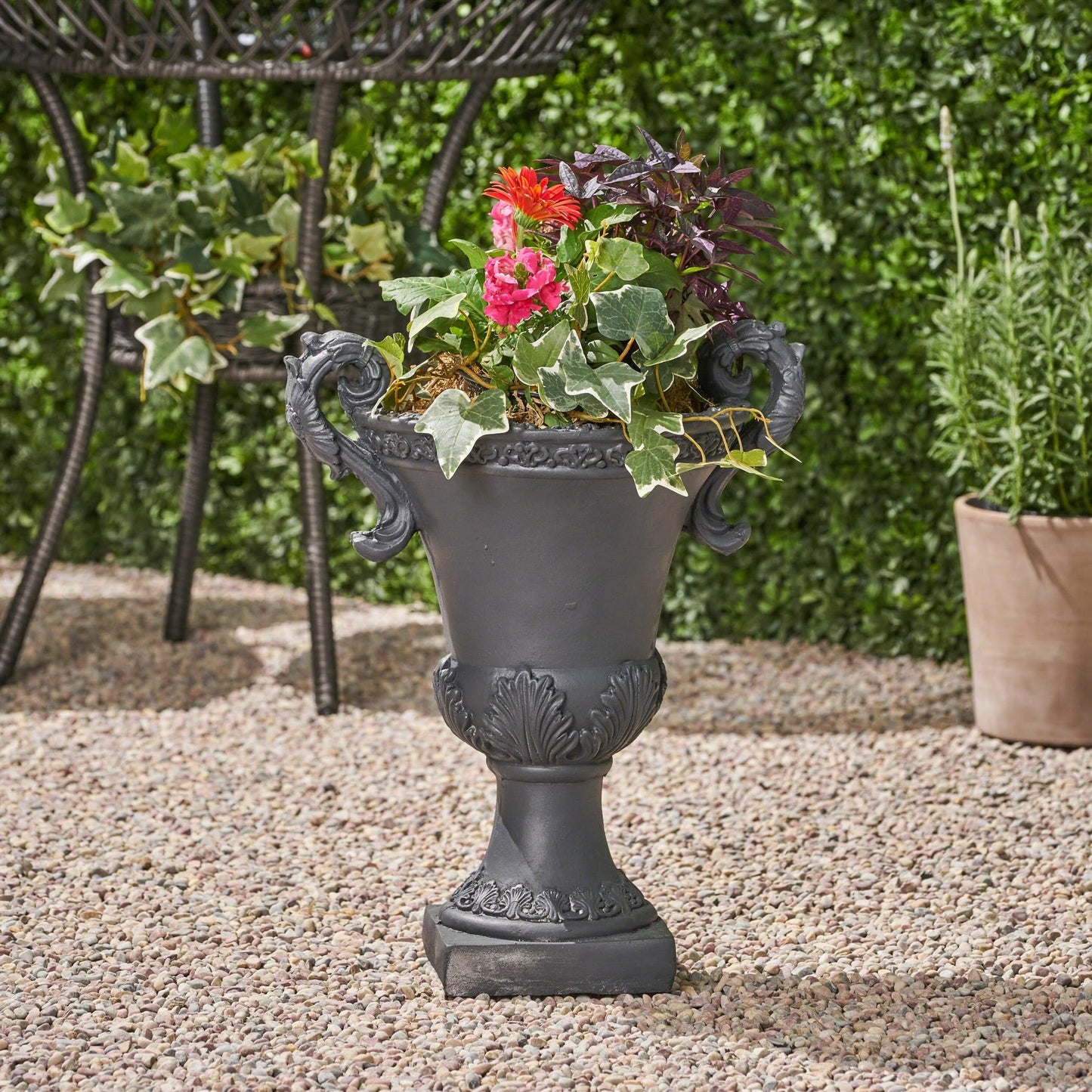 PETALORE Black Urn Planter, Tall Outdoor Flower Pots with Roman Botanical Design, Durable Magnesium Oxide Pedestal Planter for Garden, Patio, or Front Porch Decoration, Weather-