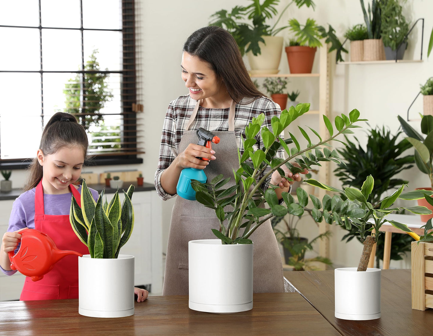D'vine Dev 4.5 Inch 5.5 Inch 6.5 Inch, Set of 3 Plastic Planter Pots for Plants with Drainage Hole and Seamless Saucers, White Color, Small Plus, 74-V-A-2