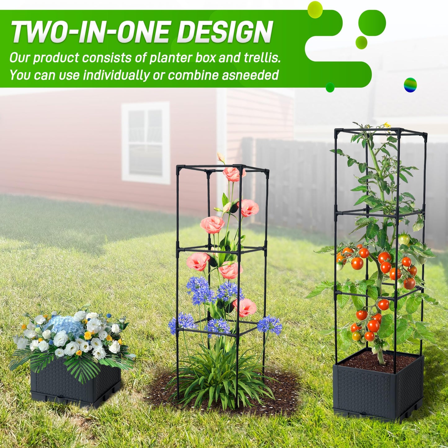 Biotolot Raised Garden Bed Tomato Planter Box with Trellis, 44" Self-Watering Tomato Cage with Square Trellis for Climbing Plants, Flowers, Vegetables, Vine in Patio Garden Indoor Outdoor