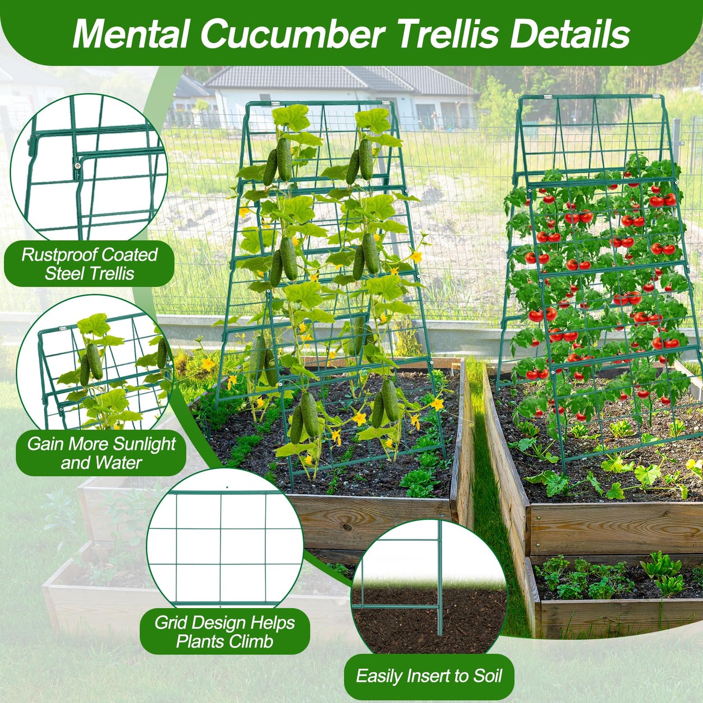 Cucumber Trellis for Raised Bed A Frame Metal Garden Trellis for Climbing Plants Outdoor, 42 x 16IN Foldable Coated Steel Cucumbers Trelli, Easy to Install Cucumber Trellis for Vegetable Fruit