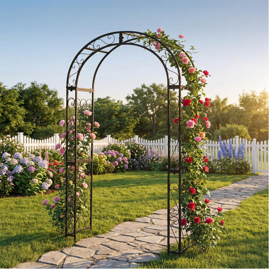SCENDOR 48.8" W x 83.8" H Garden Arch, Black Sturdy Metal Iron Arbor, Courtyard Cast Trellis for Various Climbing Plant, Outdoor European-Style Archway Wedding Ceremony Party