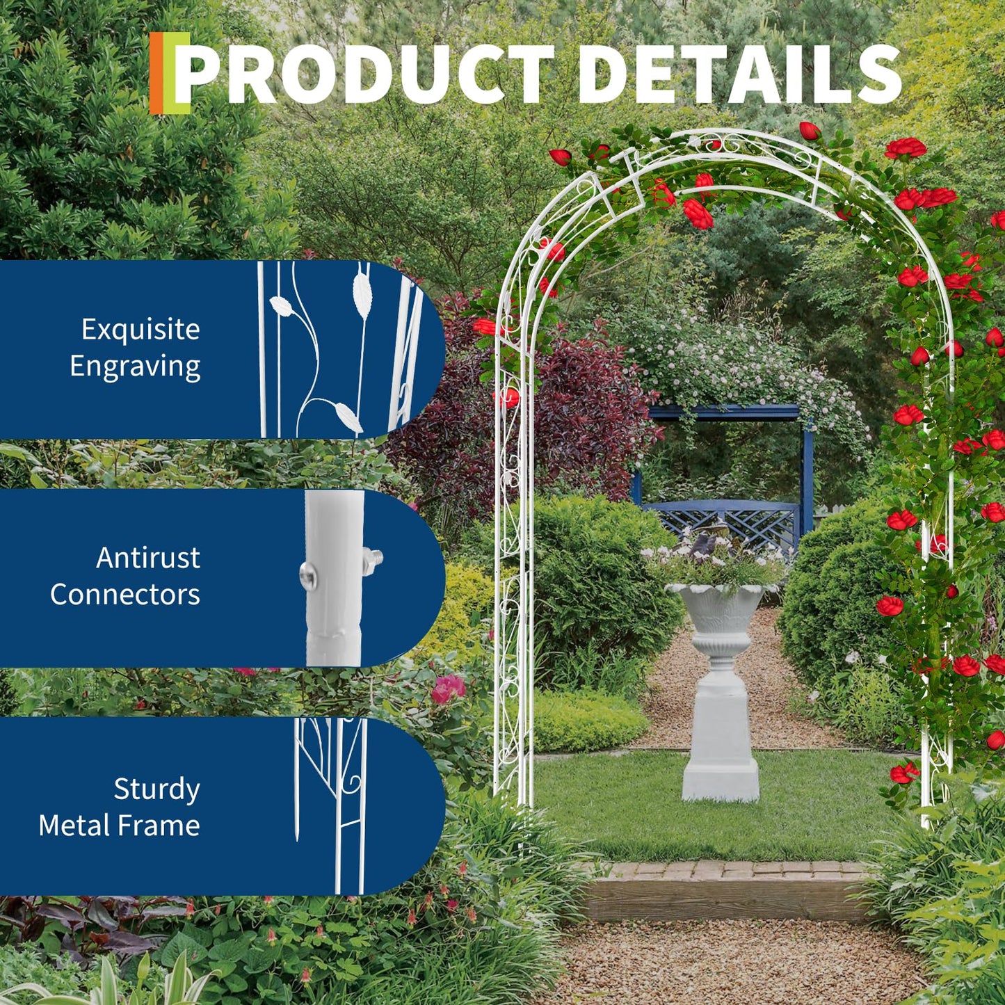 Metal Garden Arbor, 102.36" x 51.18" Heavy Duty Metal Garden Arch Trellis for Climbing Plants, Decorative Archway Wedding Arch Frame for Patio, Backyard, Patio, Lawn, Pathway, White