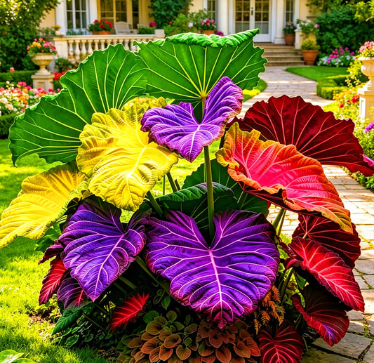 mfjhjhgf Giant Elephant Ear - Rare Colorful Tropical Foliage | Heat & Humidity Hardy, Low-Care Outdoor Garden Patio Accent (4Bulbs)