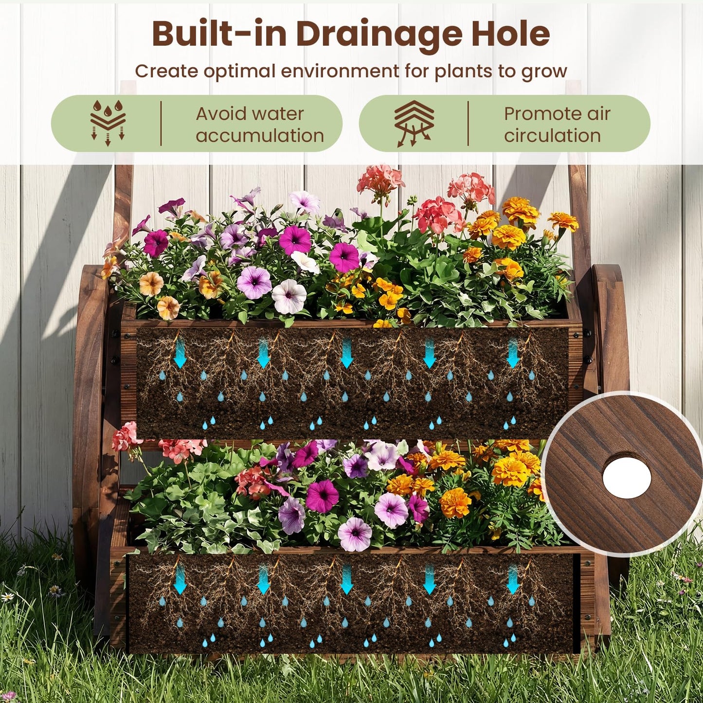 Giantex Wooden Wagon Planter Box, Rustic Garden Planter with Wheels, Handles & Drainage Holes for Flowers Herbs Vegetables, Indoor Outdoor Decorative Flower Cart for Patio Balcony (1)