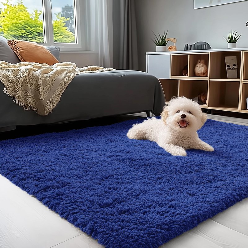 OLANLY 4x5 Machine Washable Accent Rug, Soft Fluffy Shaggy Area Rug for Bedroom, Living Room, Indoor Floor Carpet for Kids, Nursery, Home Decor, Navy Blue