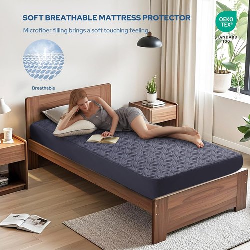 BEDLORE Waterproof Mattress Protector - Twin XL Deep Pocket Pad (6"-15" Depth) | Soft Navy Blue Cover for Bedroom & Dorm