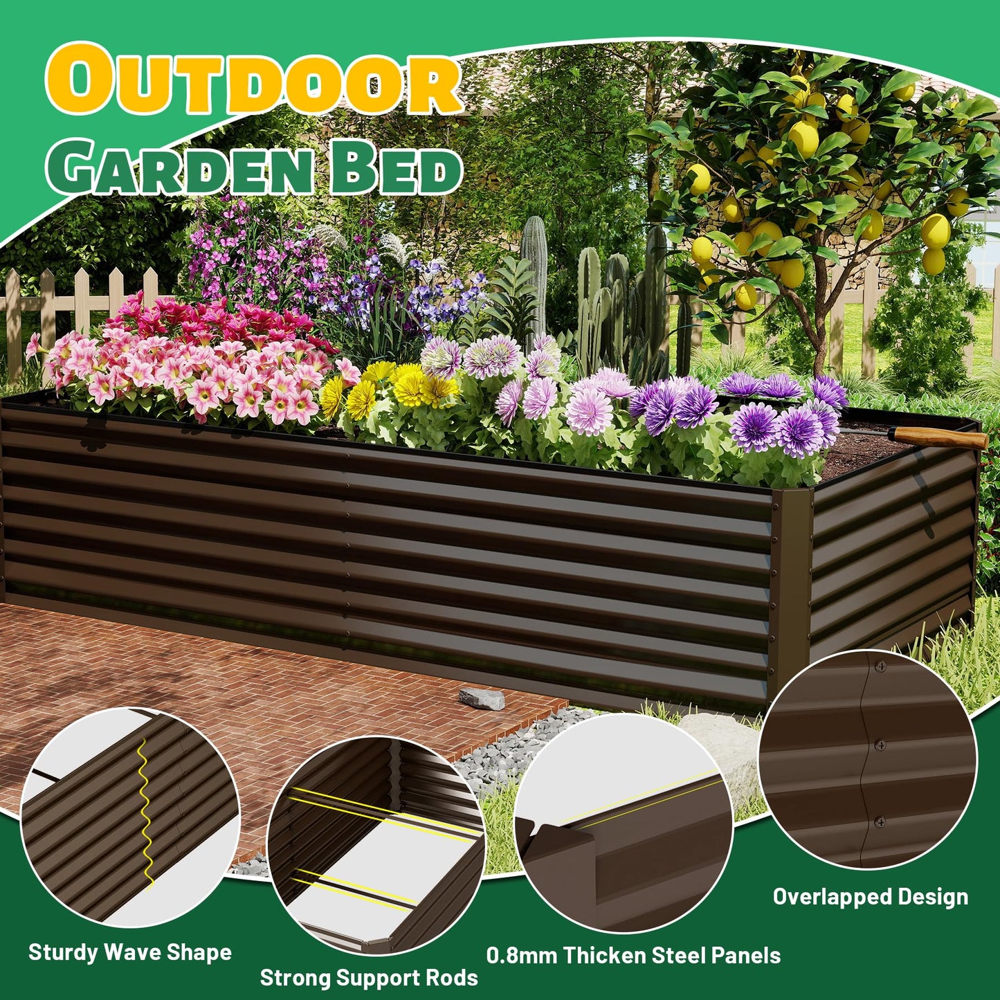 Domi 8×4×2 ft Galvanized Raised Garden Bed, Outdoor Planter Garden Boxes Large Metal Planter Box for Gardening Vegetables Fruits Flowers, Brown