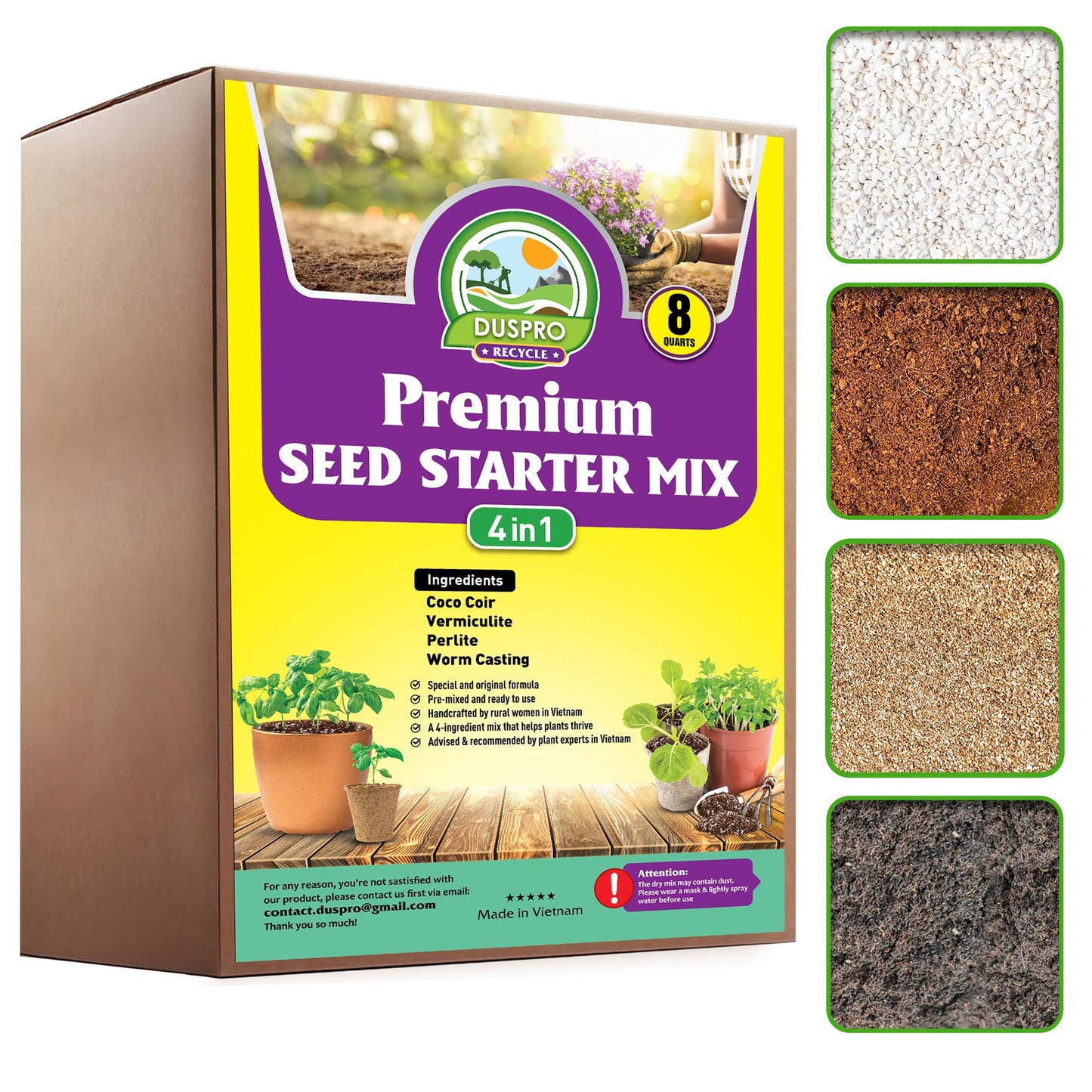 Seed Starter Potting Soil Mix, 8 Dry Quarts, Ready-to-Use Peat-Free Coco Coir Seed Starting Mix 4-in-1 Blend with Perlite, Vermiculite & Worm Castings for Germination & Seedlings