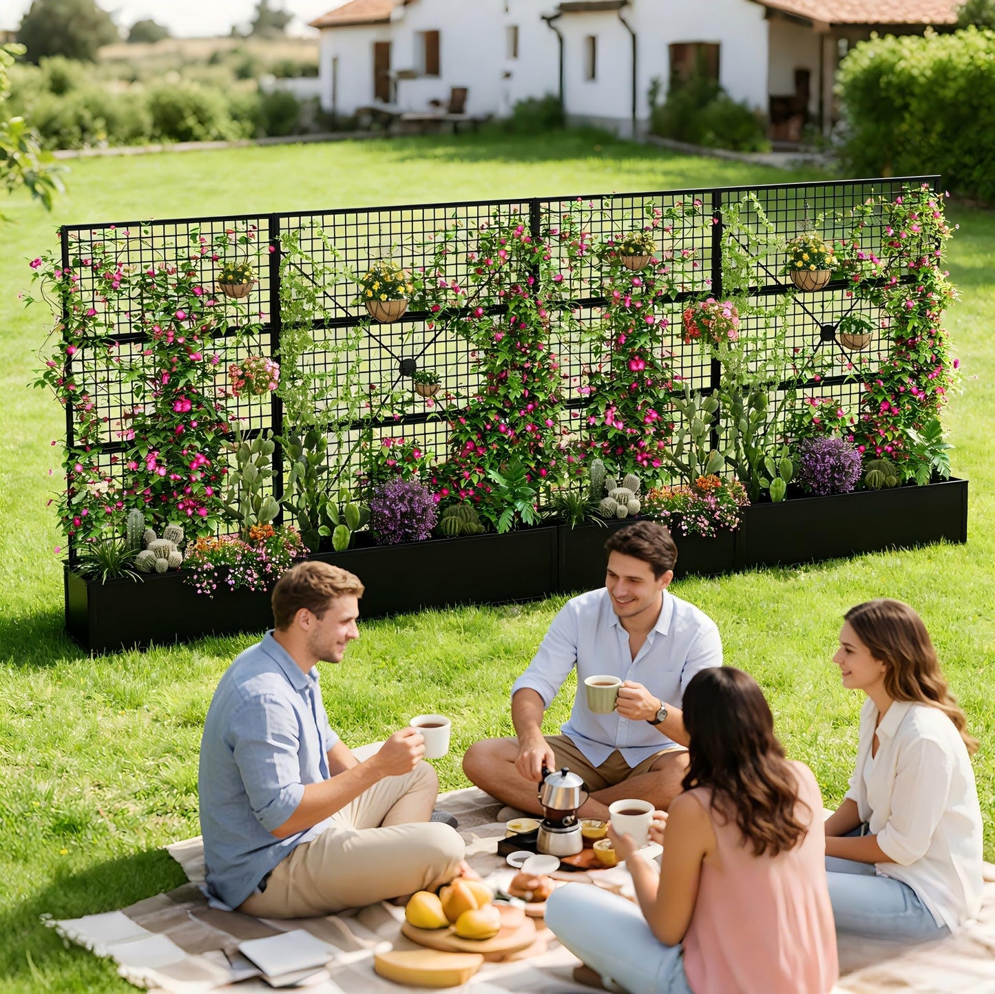 Privacy Planters for Patio – Metal Raised Garden Bed with Trellis and Privacy Screen, 71"×47.2"×16" Planter Box with Drainage Holes for Climbing Plants, Vegetables, and Vines, Outdoor Backyard Black