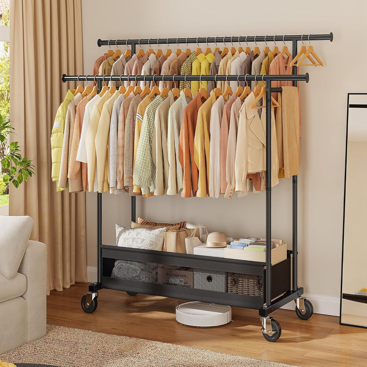 Skiennix Double Rod Clothing Rack - Heavy Duty Rolling Garment Rack with Storage Basket | Black