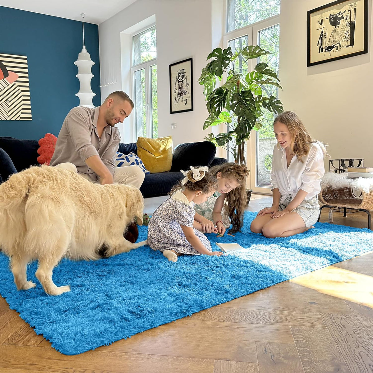 OLANLY Large 5x8 Machine Washable Area Rug - Soft Fluffy Shaggy Carpet for Living Room & Bedroom - Bright Blue