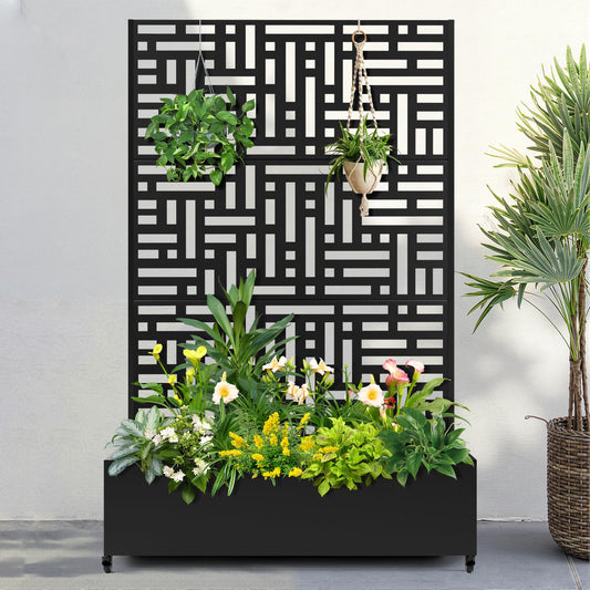 FENCY Metal Raised Garden Bed with Wheels and Trellis,73"x47"x16" Planter Box for Climbing Plants, Vegetables & Vines, Features Privacy Screen and Drainage Holes (Black-Geometric Lattice)
