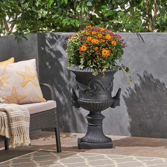 PETALORE Black Urn Planter for Outdoor Garden, Tall Roman Style Large Urn Planter with Drainage Hole, Durable Magnesium Oxide Flower Pot for Patio, Porch, or Yard Decor