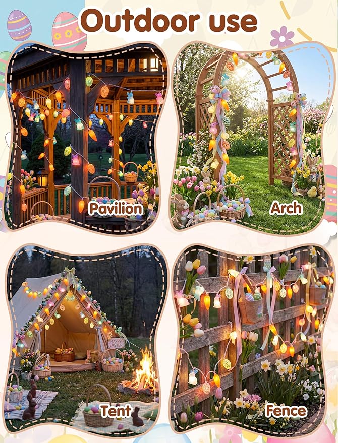 Easter Rabbit Carrot Egg String Lights, 12Ft 20 LED Multicolored Bunny Carrot Easter Egg Fairy Lights, Plug in Spring Decor for Indoor Outdoor Home Bedroom Garden Party Decorations