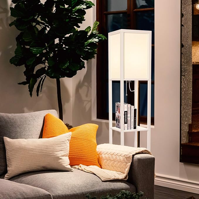 Brightech Maxwell - Modern Shelf Floor Lamp with Lamp Shade & Warm White LED Bulb, Corner Display Floor Lamp with Shelves for Living Room, Bedroom, Nightstand Office, Home Decor Storage - White