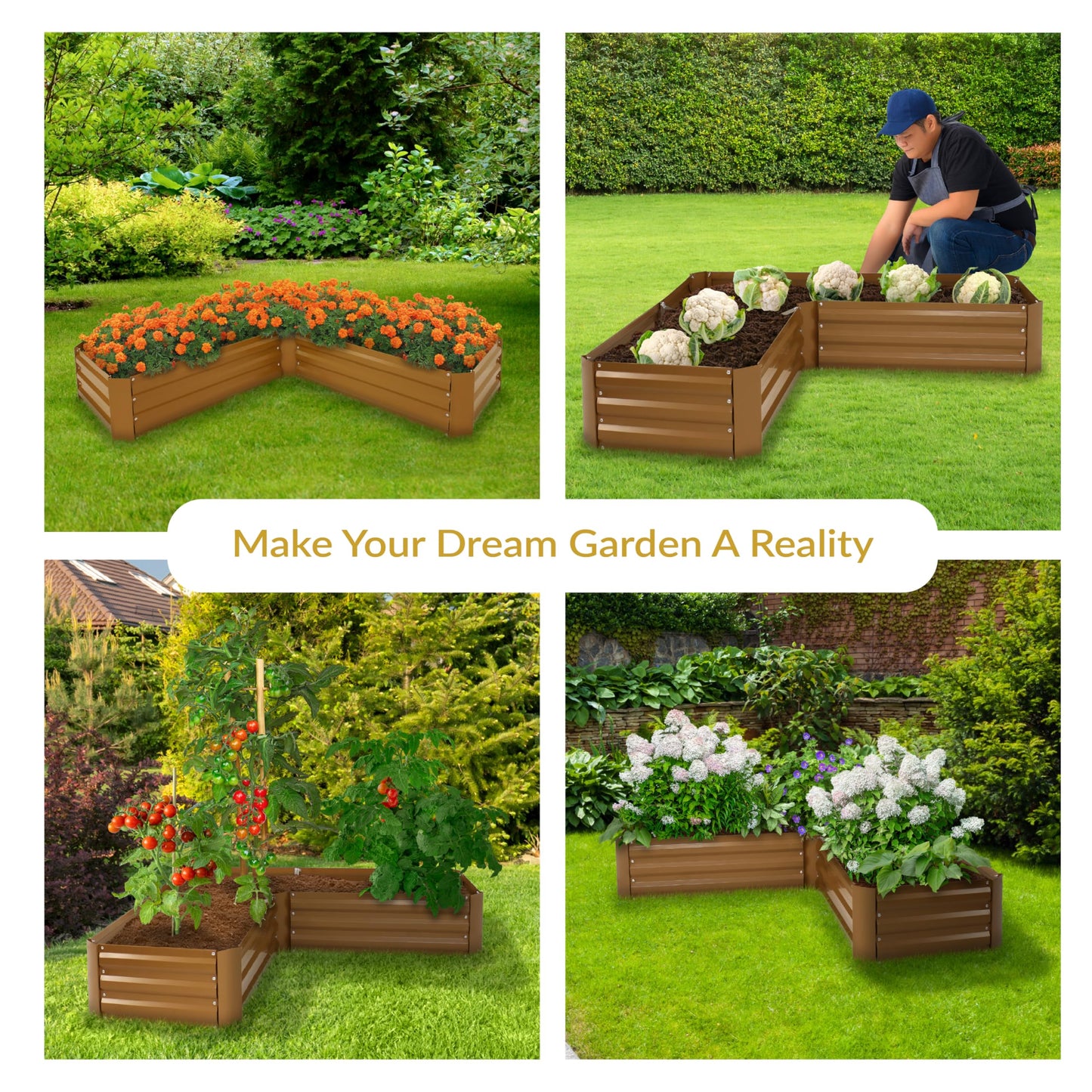 Sunnydaze Galvanized Raised Garden Bed Kit - 5x5x1 ft Outdoor Raised Garden Bed - Metal Planter Box for Vegetables, Flowers, Herbs - Brown - L-Shaped