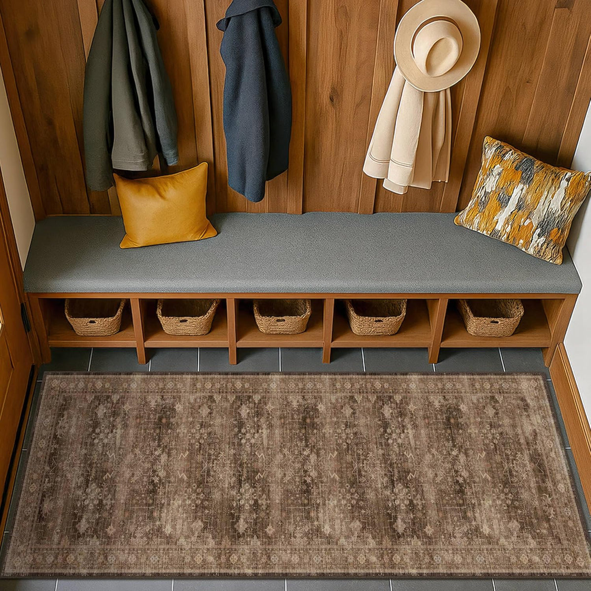 Regine Switzerland Brown 2x5 Entryway Runner Rug - Non-Slip, Washable, Vintage Taupe Design