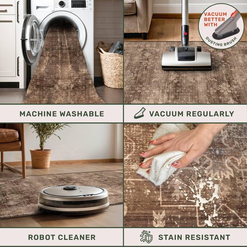 Hazo Haus Brown Rug for Living Room 10x14 - Extra Large Vintage Western Unique Neutral Taupe, Washable Low Pile Non-Slip Soft Thin Area Rug for Dining Under Table, Bedroom Under Bed, Home Office